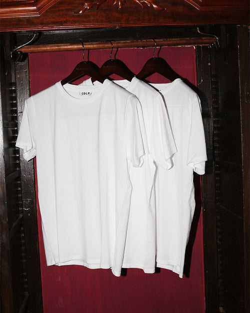 3 × Lyocell Midweight T-Shirt White hanging in a closet
