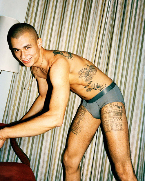 Daniel wearing Y-Brief in Sky Grey